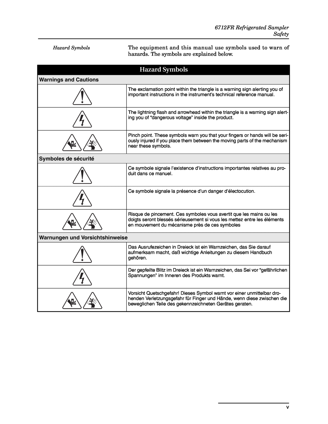 Teledyne Hazard Symbols, 6712FR Refrigerated Sampler, Safety, The equipment and this manual use symbols used to warn of 