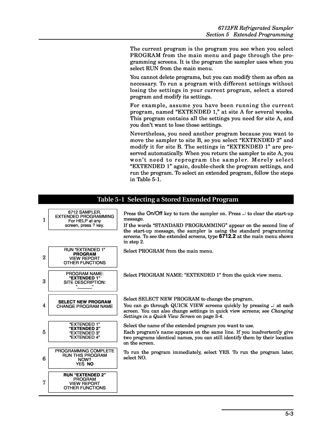Teledyne manual 1 Selecting a Stored Extended Program, 6712FR Refrigerated Sampler Extended Programming 