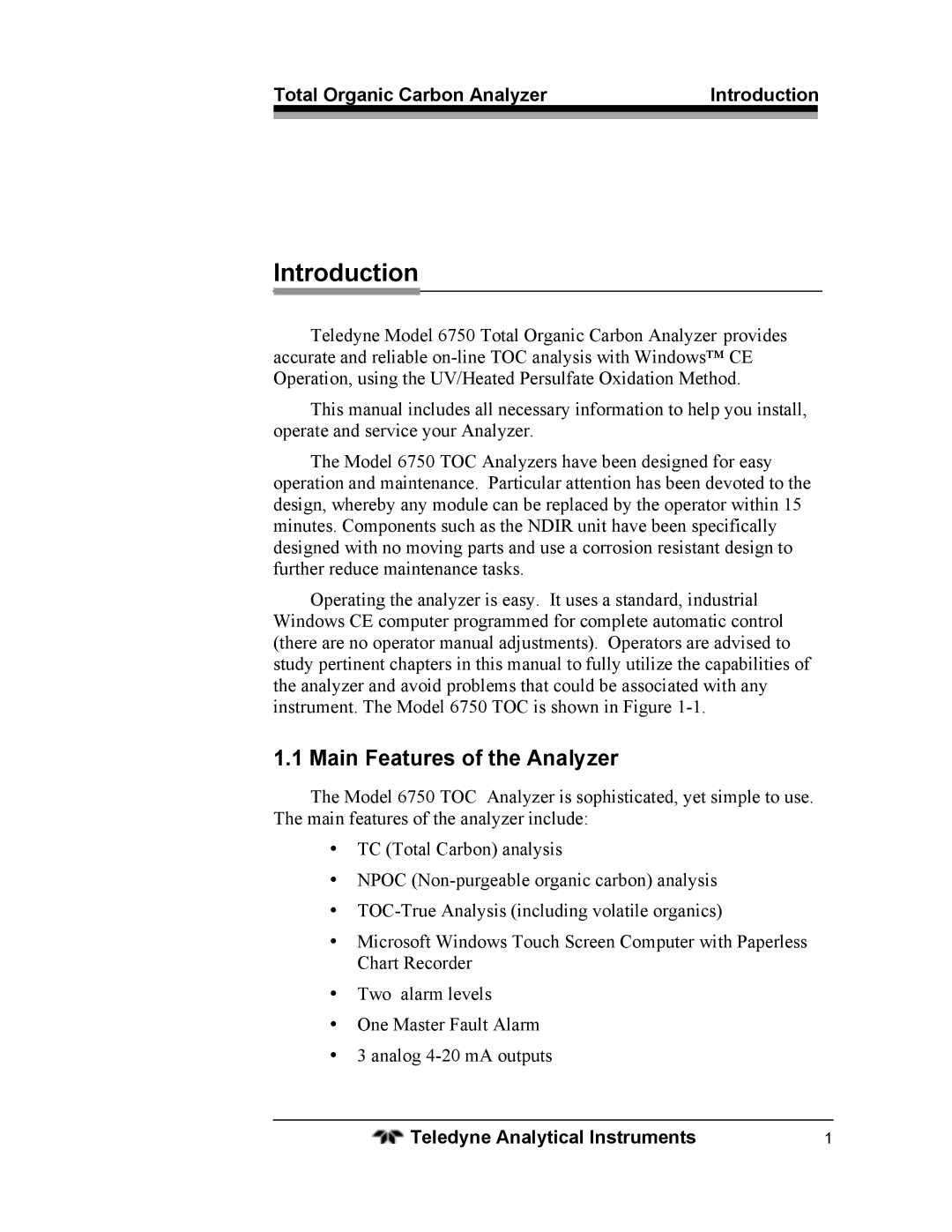 Teledyne 6750 operating instructions Main Features of the Analyzer, Total Organic Carbon Analyzer Introduction 