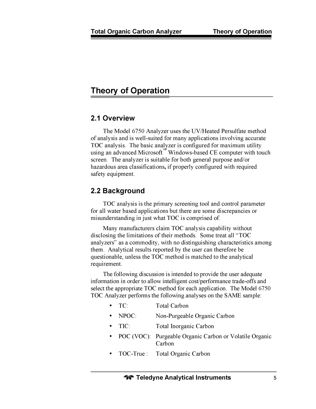 Teledyne 6750 operating instructions Overview, Background, Total Organic Carbon Analyzer Theory of Operation 