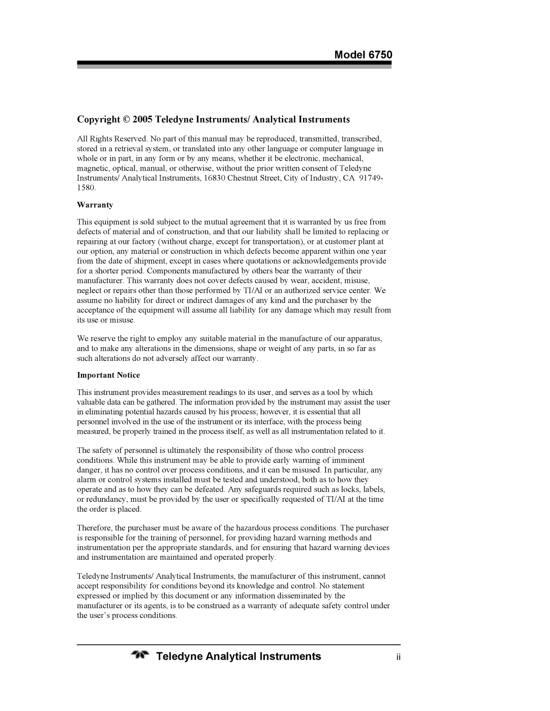 Teledyne 6750 operating instructions Model, Copyright 2005 Teledyne Instruments/ Analytical Instruments 