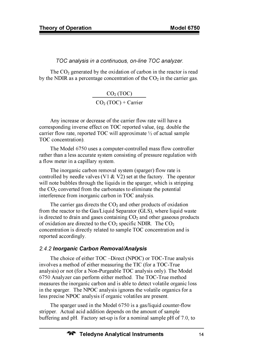 Teledyne 6750 operating instructions TOC analysis in a continuous, on-line TOC analyzer, Inorganic Carbon Removal/Analysis 