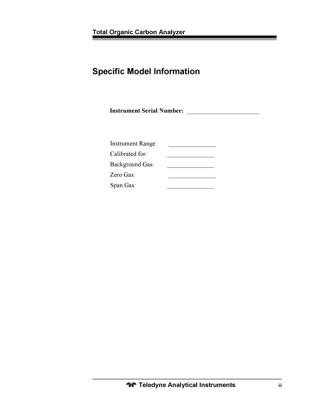 Teledyne 6750 operating instructions Specific Model Information, Total Organic Carbon Analyzer 