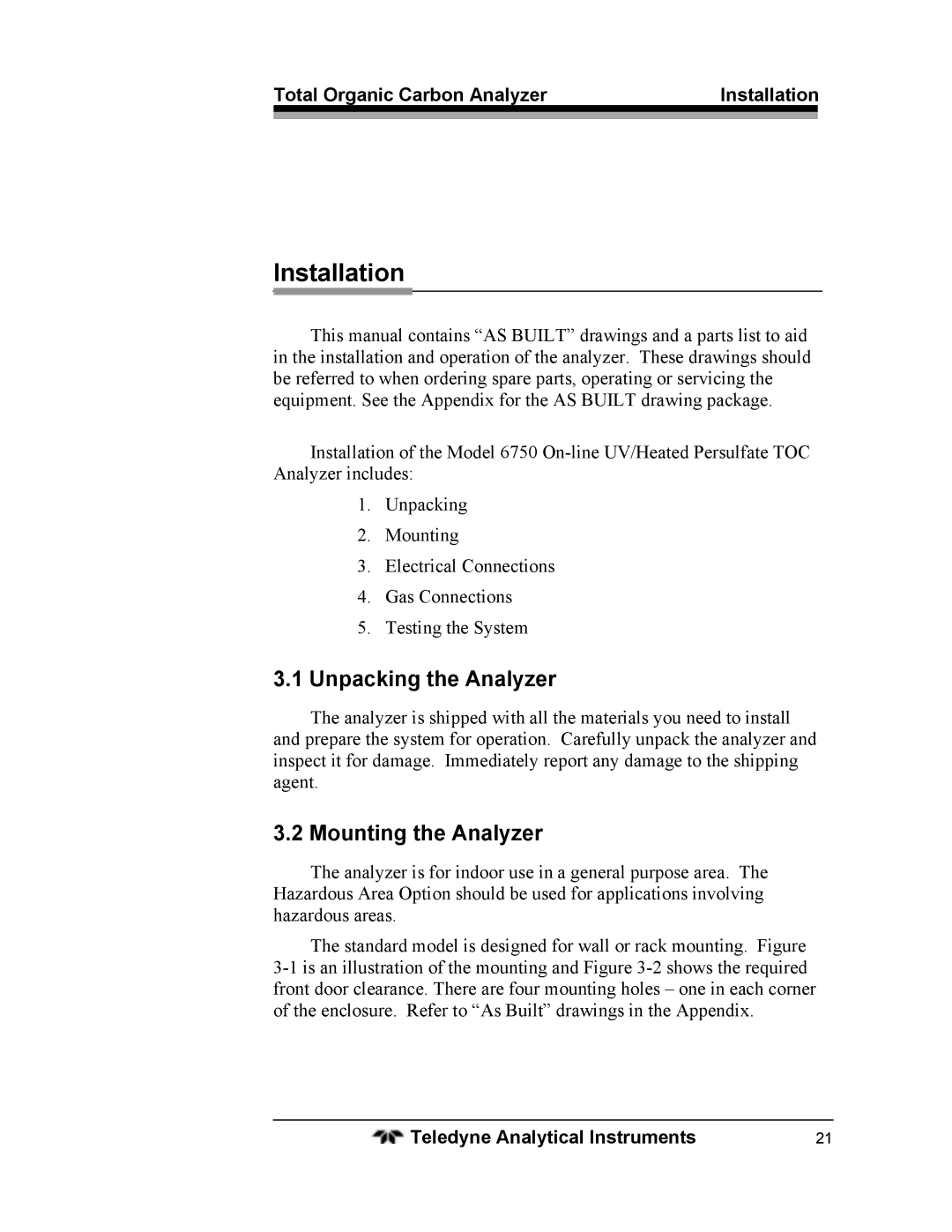 Teledyne 6750 Unpacking the Analyzer, Mounting the Analyzer, Total Organic Carbon Analyzer Installation 