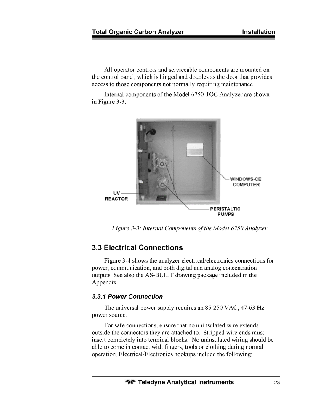 Teledyne 6750 operating instructions Electrical Connections, Power Connection 