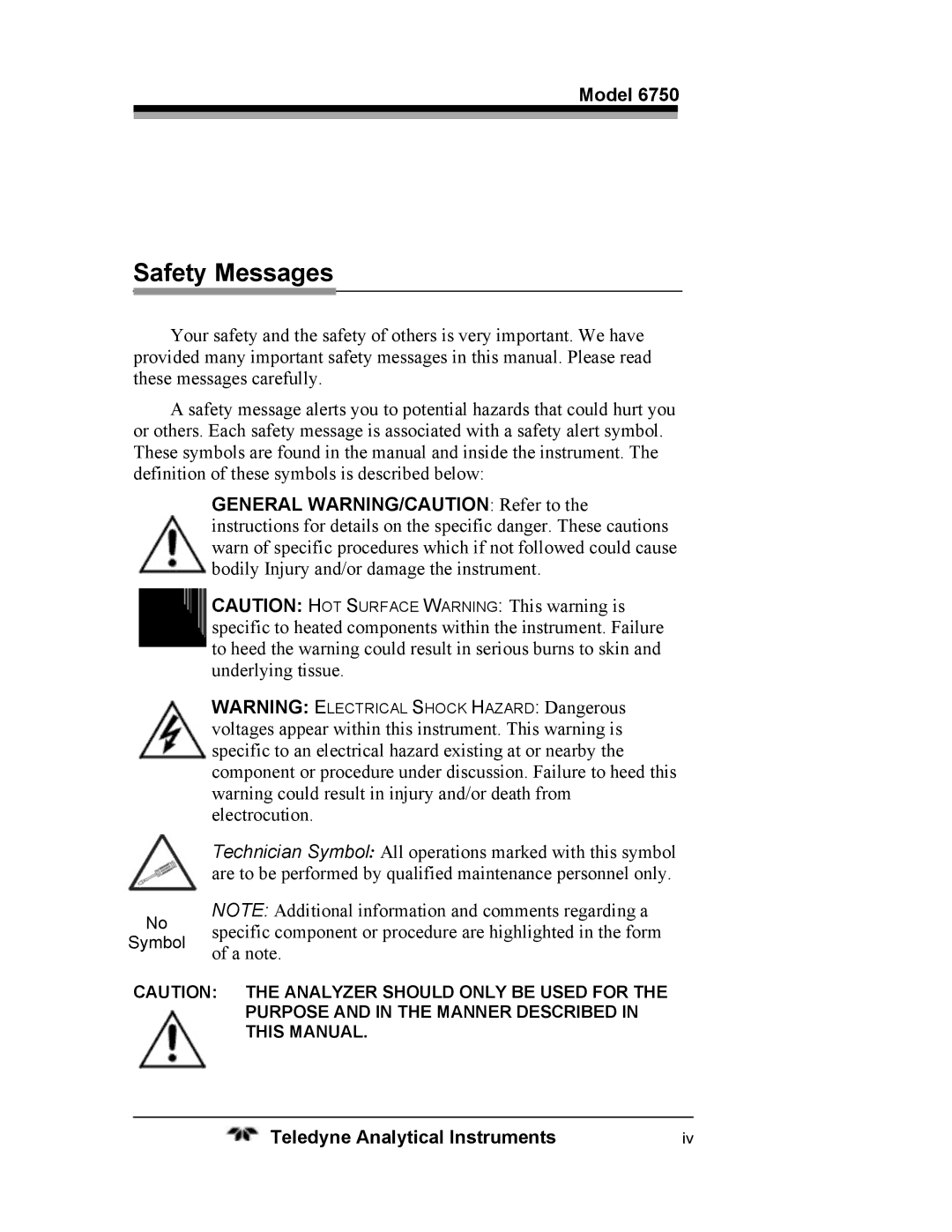 Teledyne 6750 operating instructions Safety Messages 