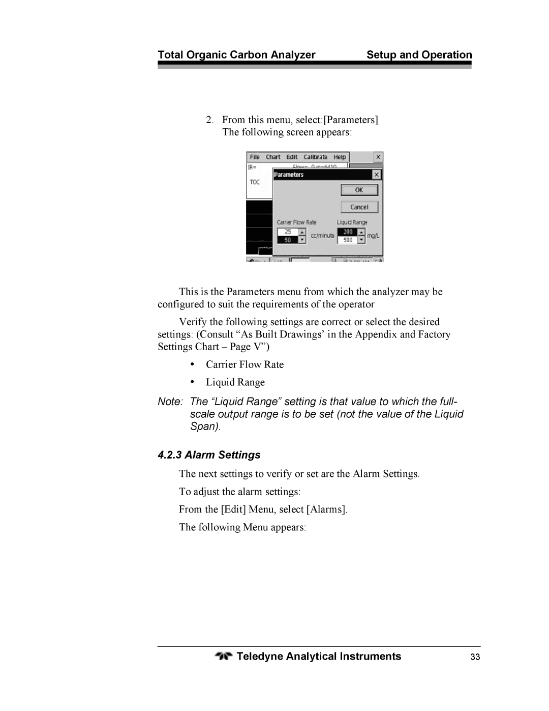 Teledyne 6750 operating instructions Alarm Settings 