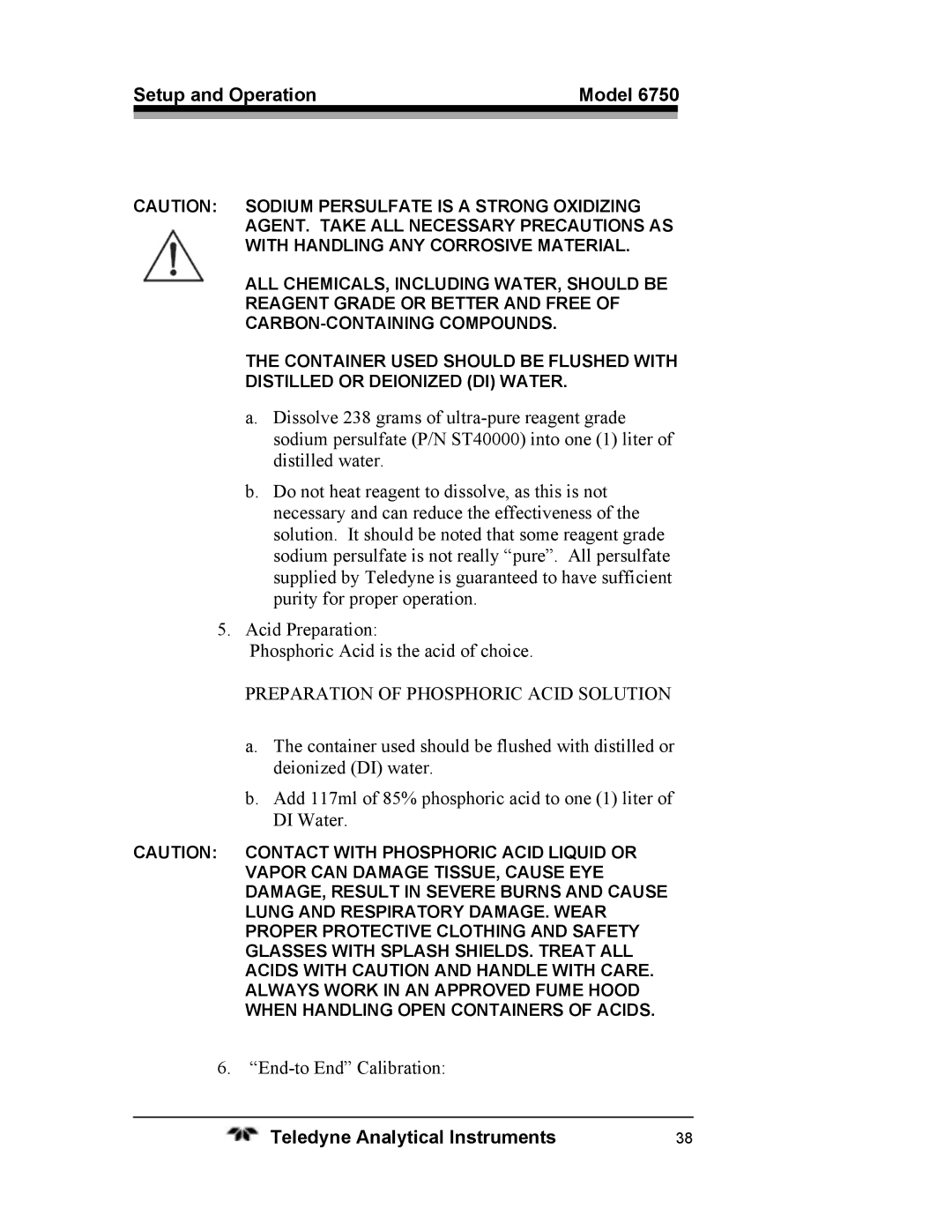 Teledyne 6750 operating instructions Preparation of Phosphoric Acid Solution 