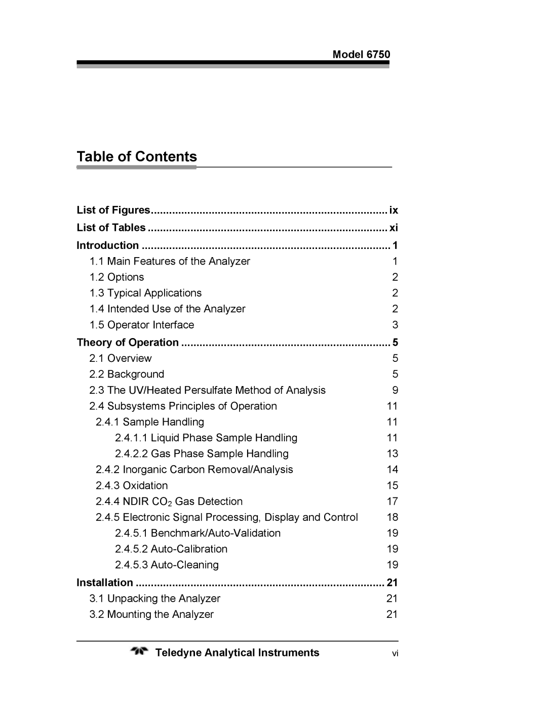 Teledyne 6750 operating instructions Table of Contents 