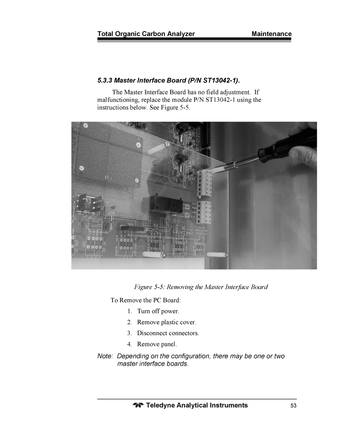 Teledyne 6750 operating instructions Master Interface Board P/N ST13042-1, Removing the Master Interface Board 