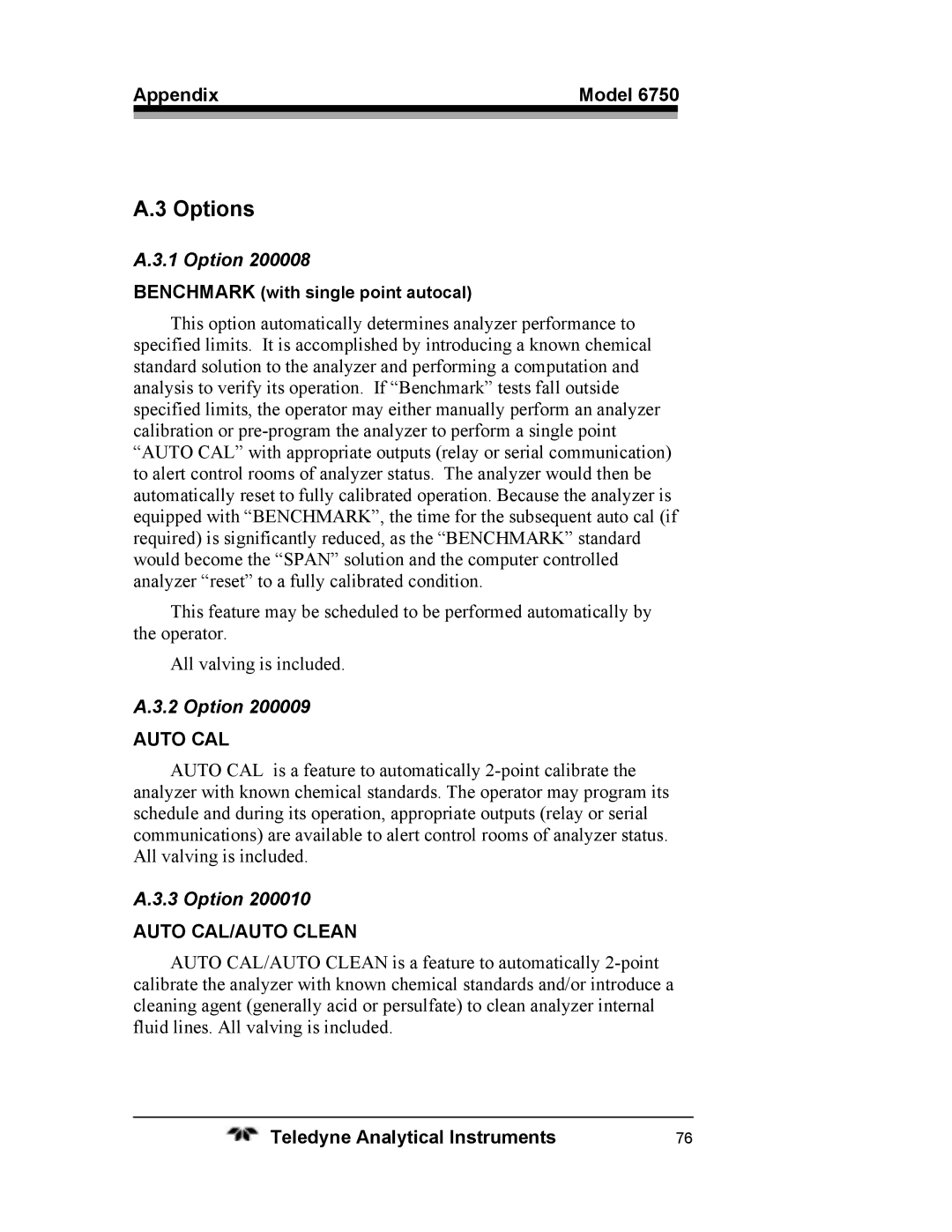 Teledyne 6750 operating instructions Option, Auto CAL 