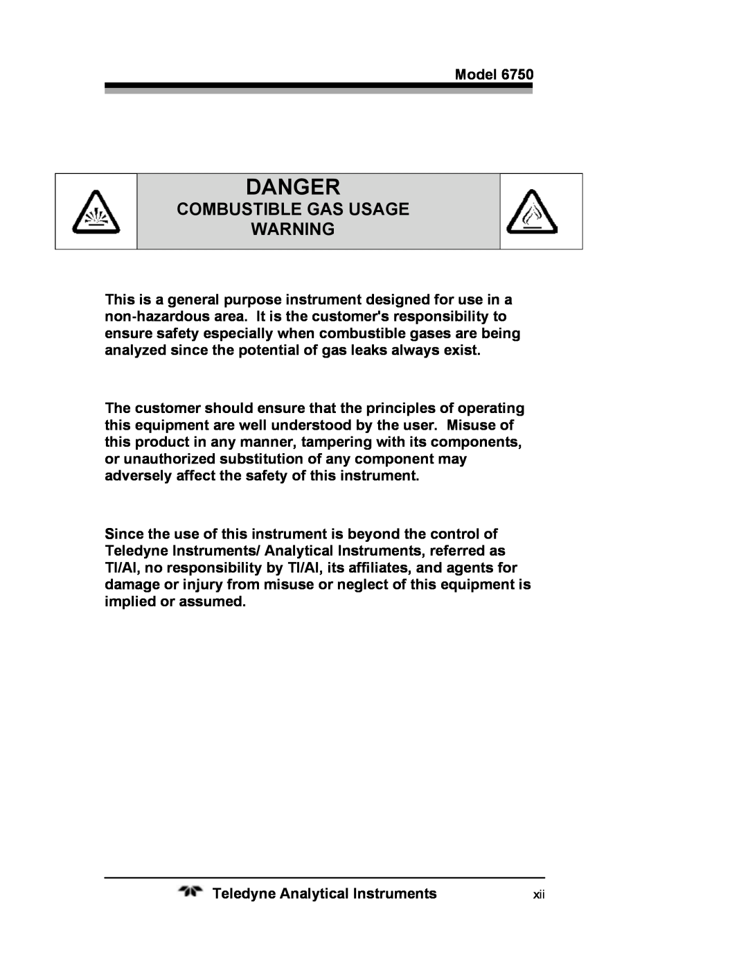 Teledyne 6750 operating instructions Combustible Gas Usage, Danger 