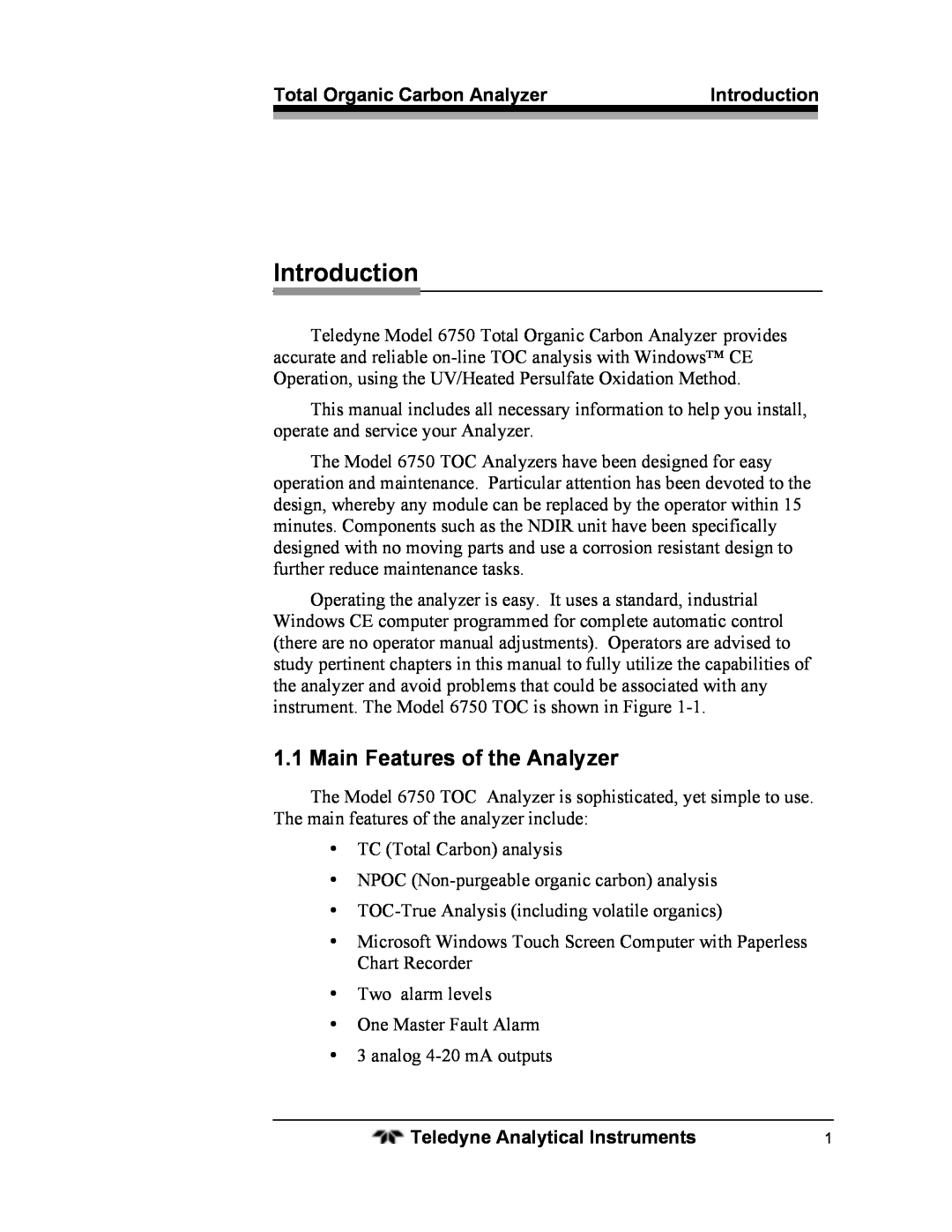 Teledyne 6750 operating instructions Introduction, Main Features of the Analyzer 