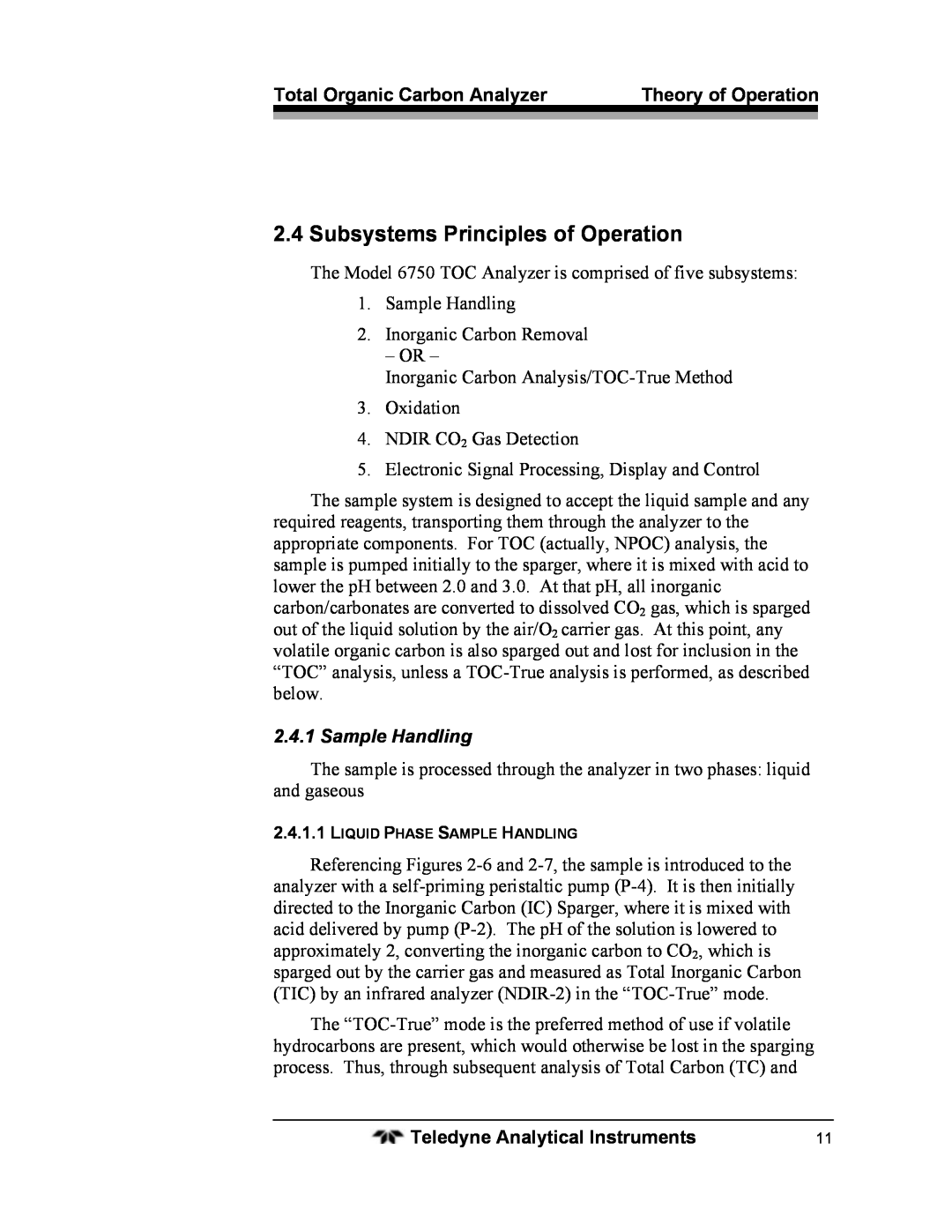 Teledyne 6750 operating instructions Subsystems Principles of Operation, Sample Handling 