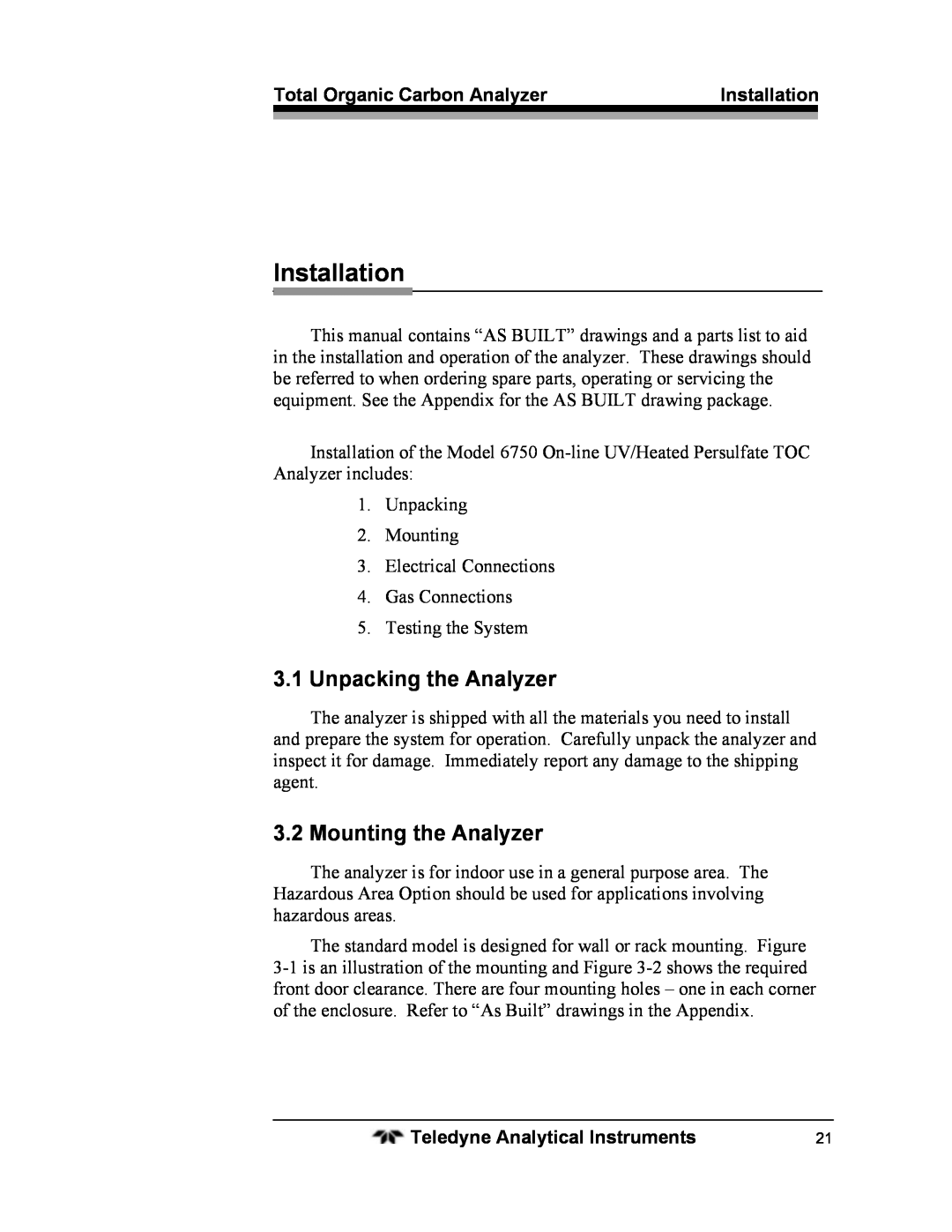 Teledyne 6750 operating instructions Installation, 3.1Unpacking the Analyzer, Mounting the Analyzer 
