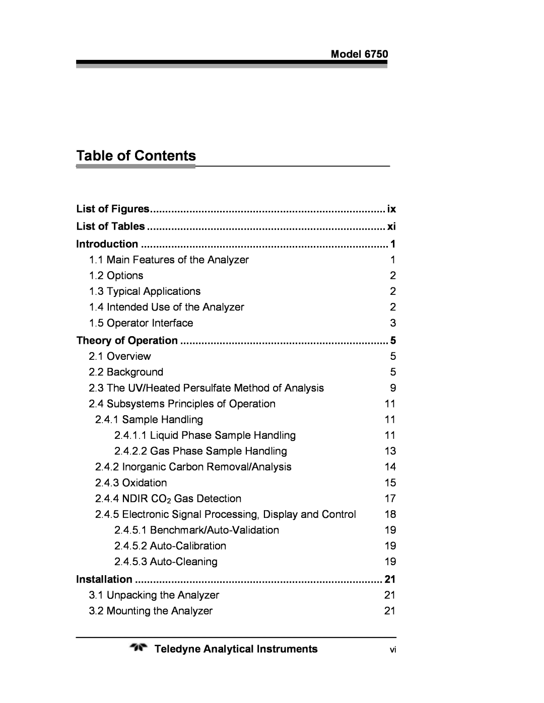 Teledyne 6750 operating instructions Table of Contents 