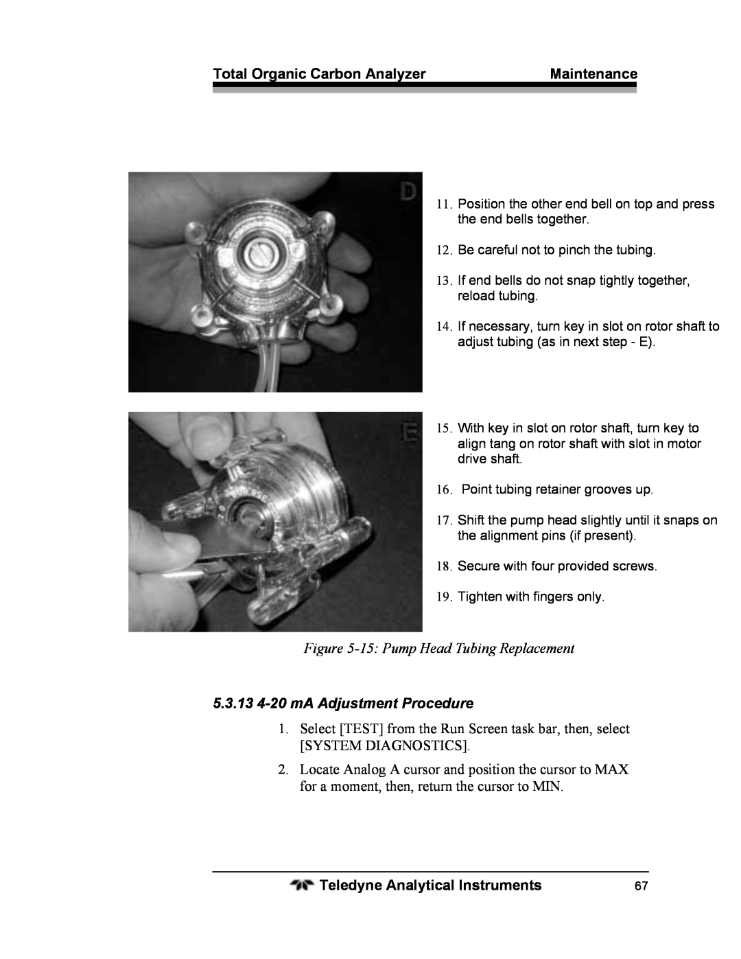 Teledyne 6750 operating instructions 15:Pump Head Tubing Replacement, 5.3.134-20mA Adjustment Procedure 