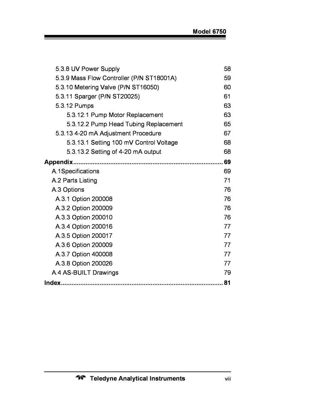 Teledyne 6750 operating instructions Model, Appendix, Index, Teledyne Analytical Instruments 