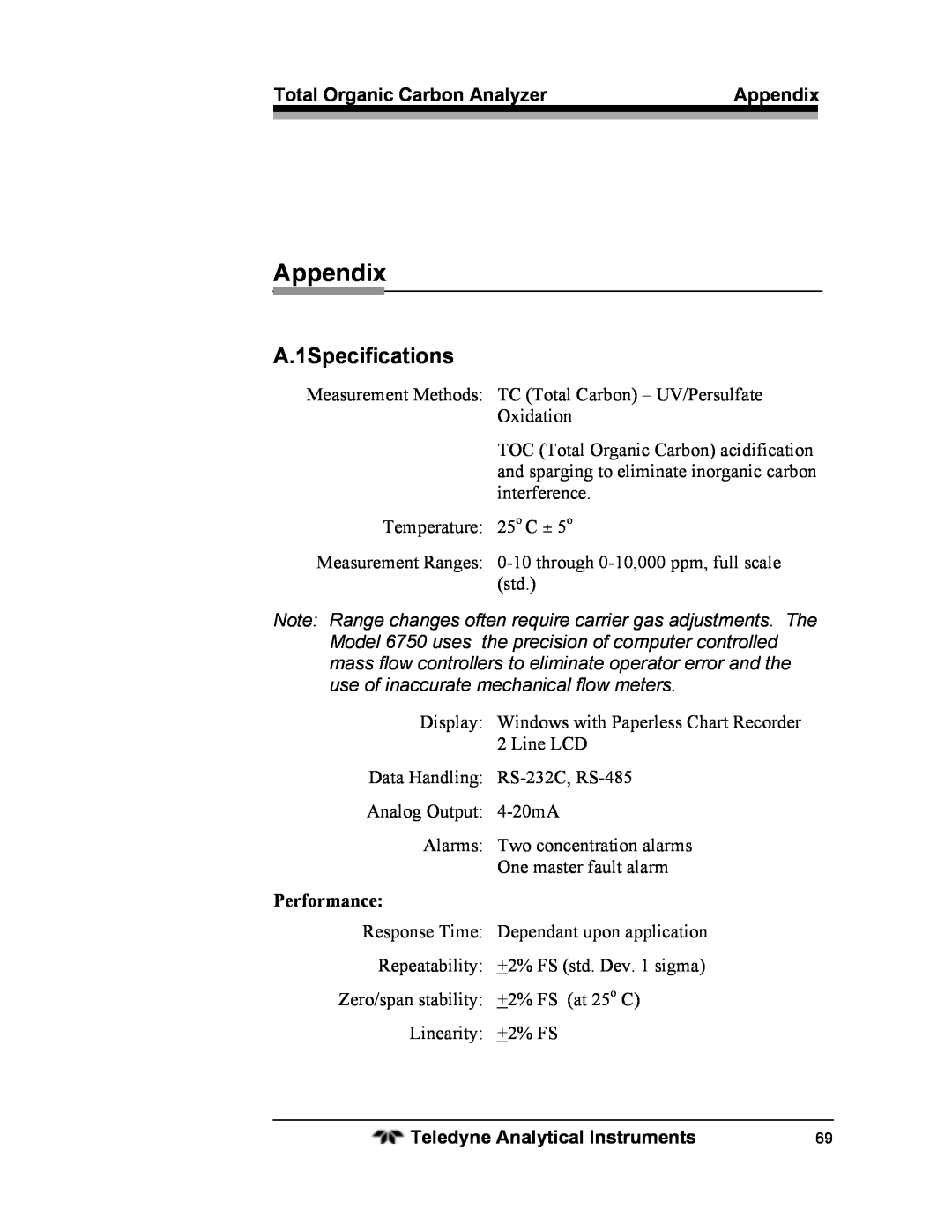 Teledyne 6750 operating instructions Appendix, A.1Specifications, Performance 