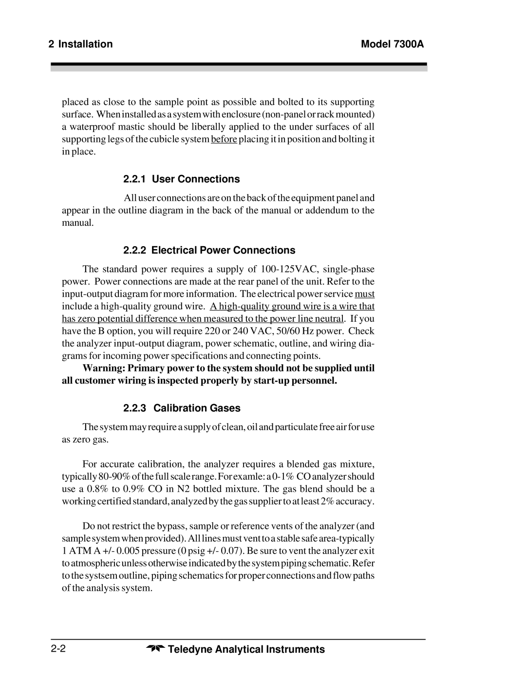 Teledyne manual Installation Model 7300A, User Connections, Electrical Power Connections, Calibration Gases 