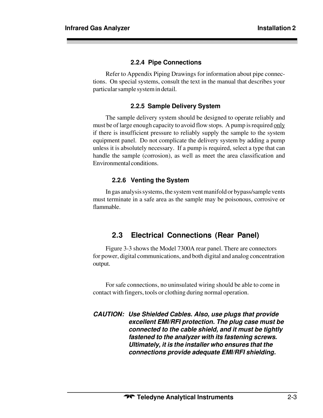 Teledyne 7300A Electrical Connections Rear Panel, Infrared Gas Analyzer Installation Pipe Connections, Venting the System 
