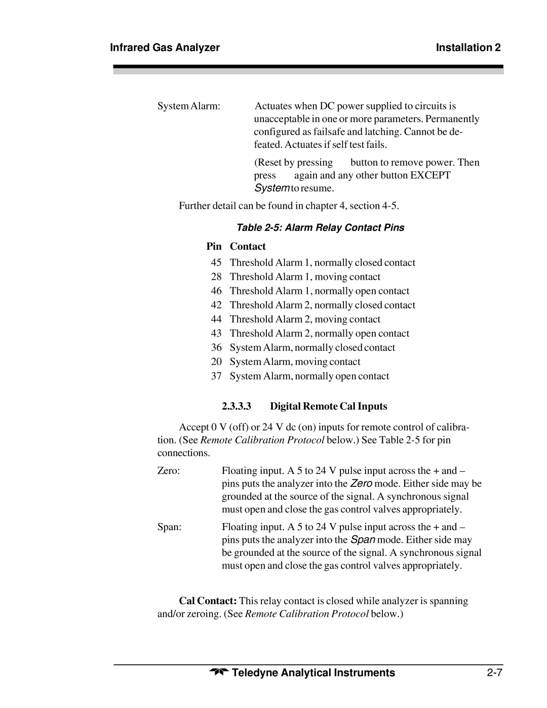 Teledyne 7300A manual Pin Contact, Digital Remote Cal Inputs 