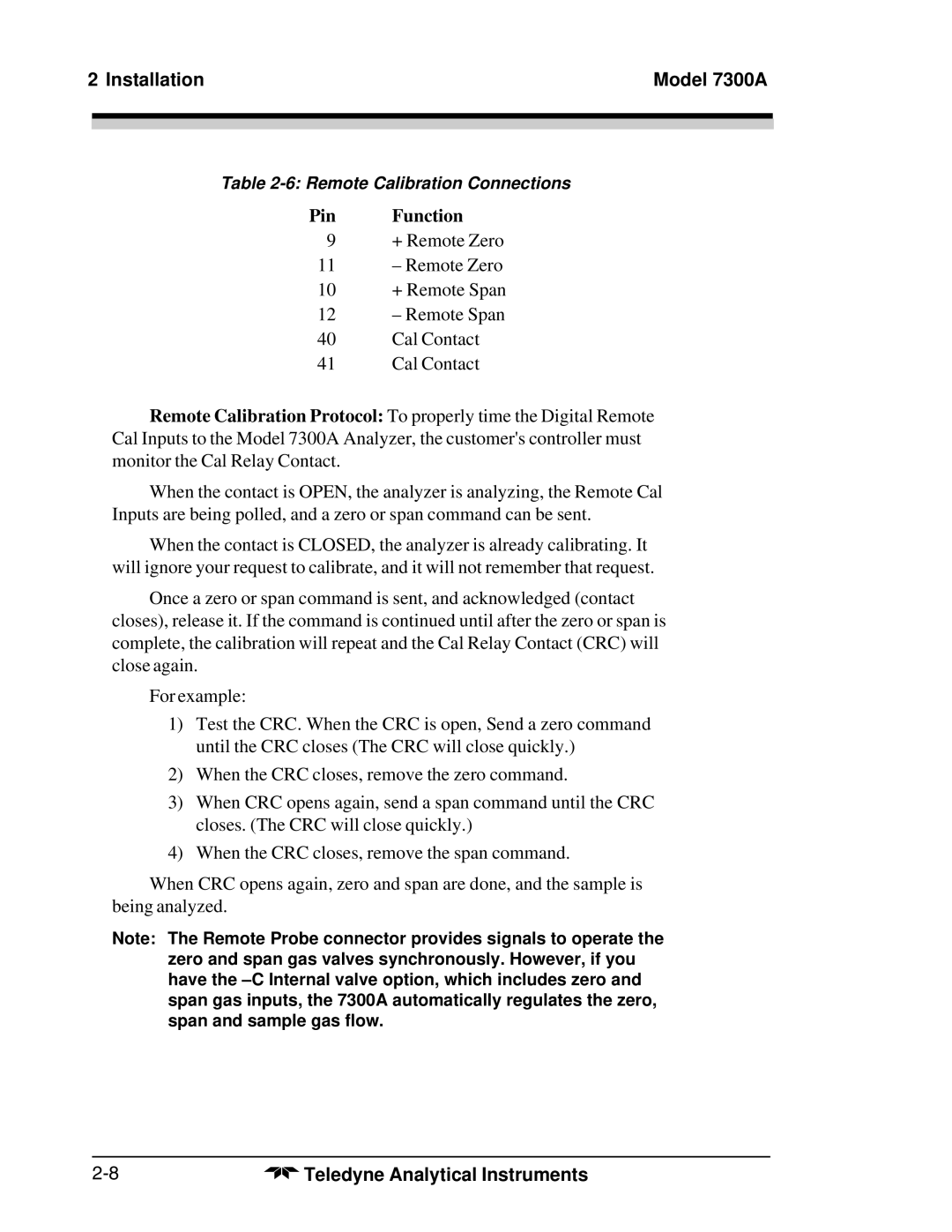 Teledyne 7300A manual Remote Calibration Connections 