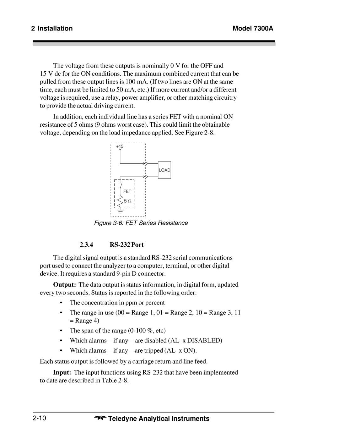Teledyne 7300A manual 4 RS-232 Port, FET Series Resistance 
