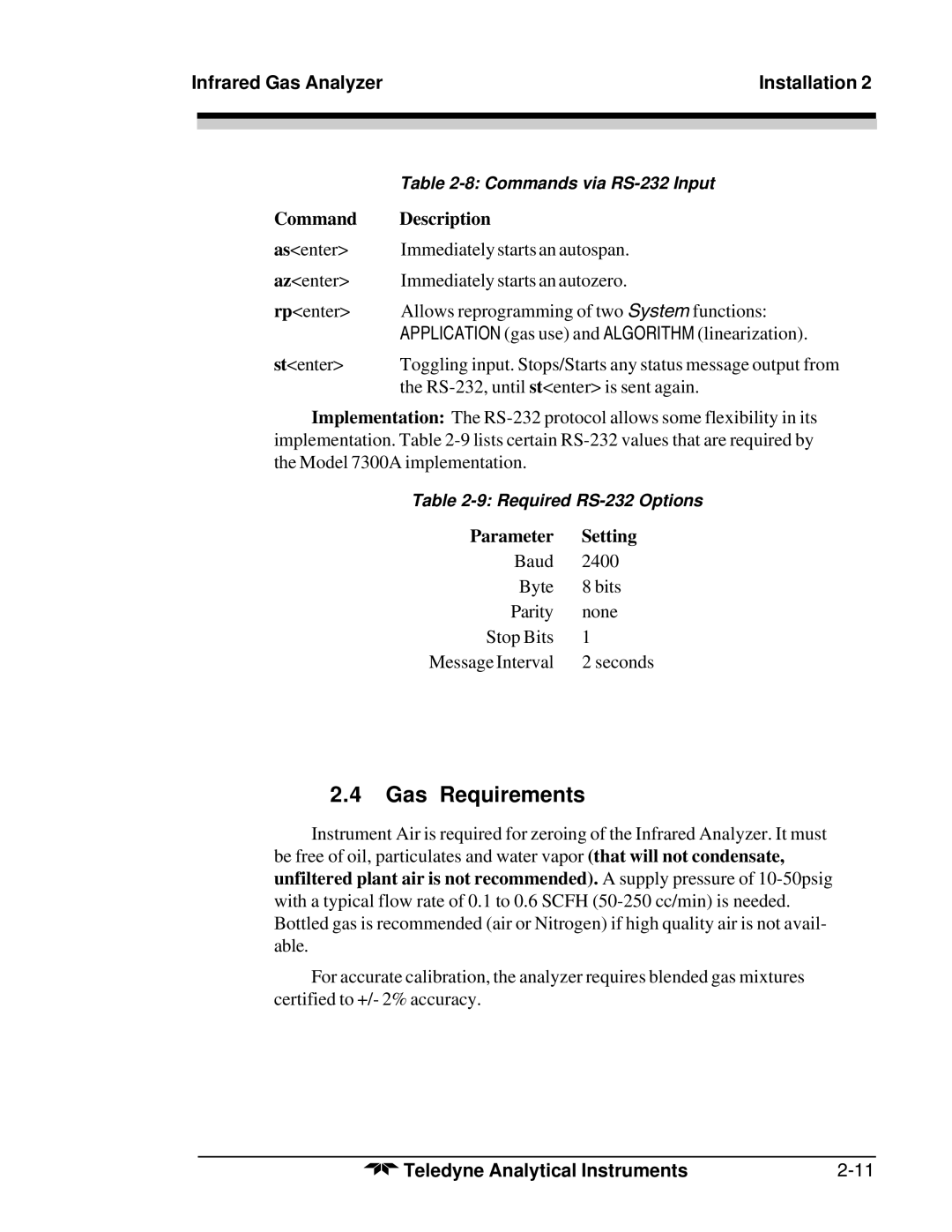 Teledyne 7300A manual Gas Requirements, Command Description, Parameter Setting 