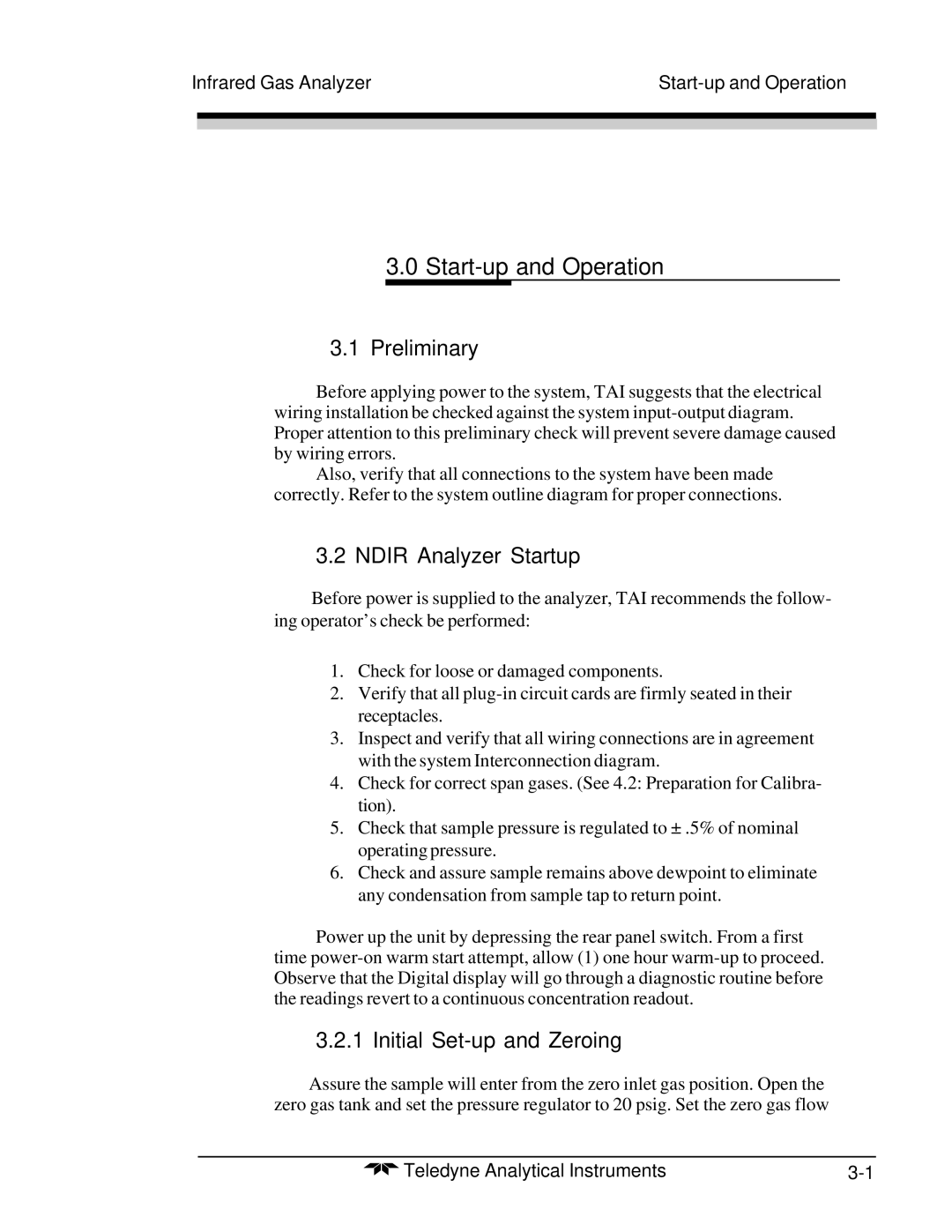 Teledyne 7300A manual Preliminary, Ndir Analyzer Startup, Initial Set-up and Zeroing 