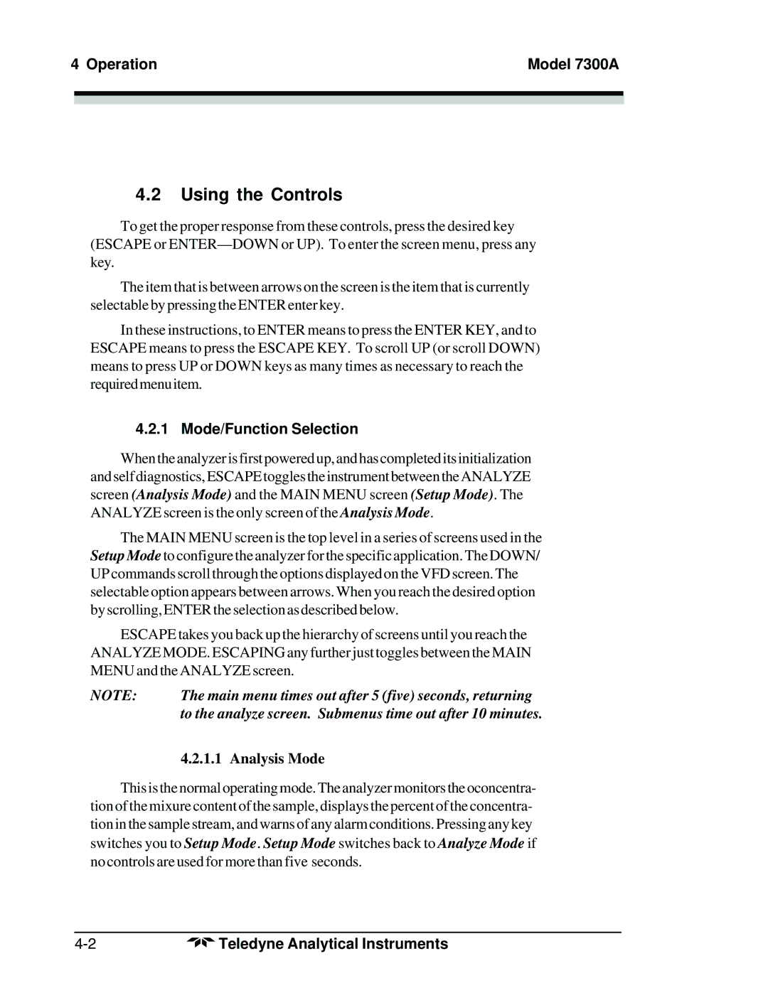 Teledyne manual Using the Controls, Operation Model 7300A, Mode/Function Selection, Analysis Mode 