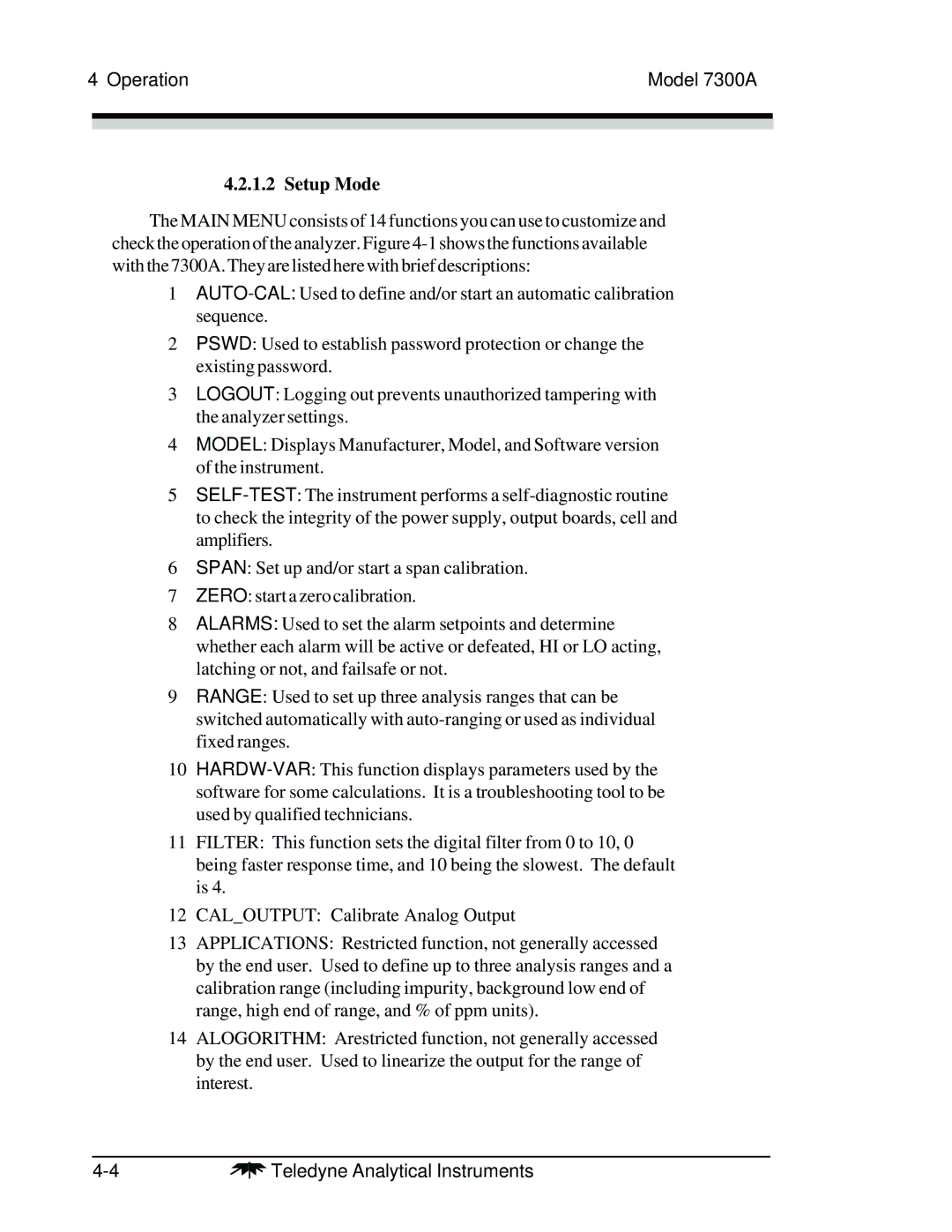 Teledyne 7300A manual Setup Mode 