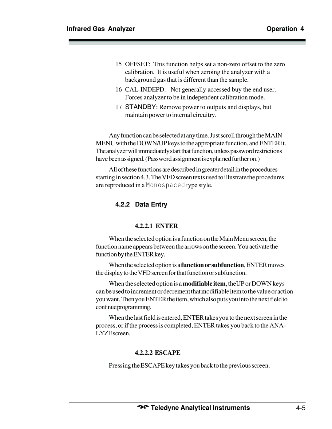 Teledyne 7300A manual Data Entry, Enter, Escape 