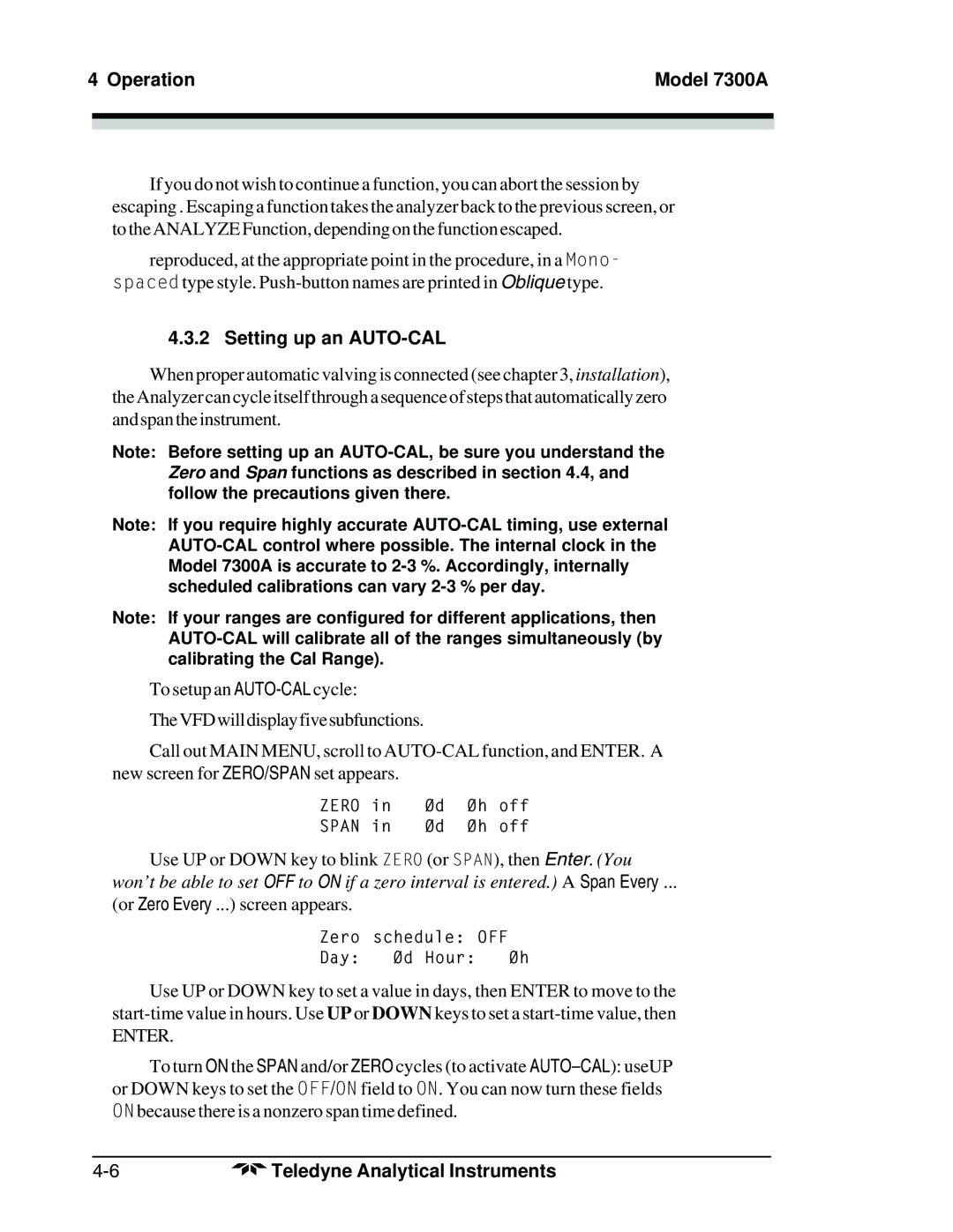 Teledyne 7300A manual Setting up an AUTO-CAL, Enter 