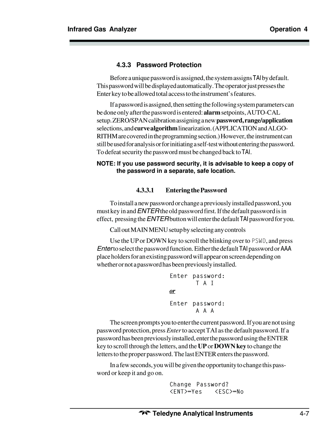 Teledyne 7300A manual Infrared Gas Analyzer Operation Password Protection, Entering the Password 