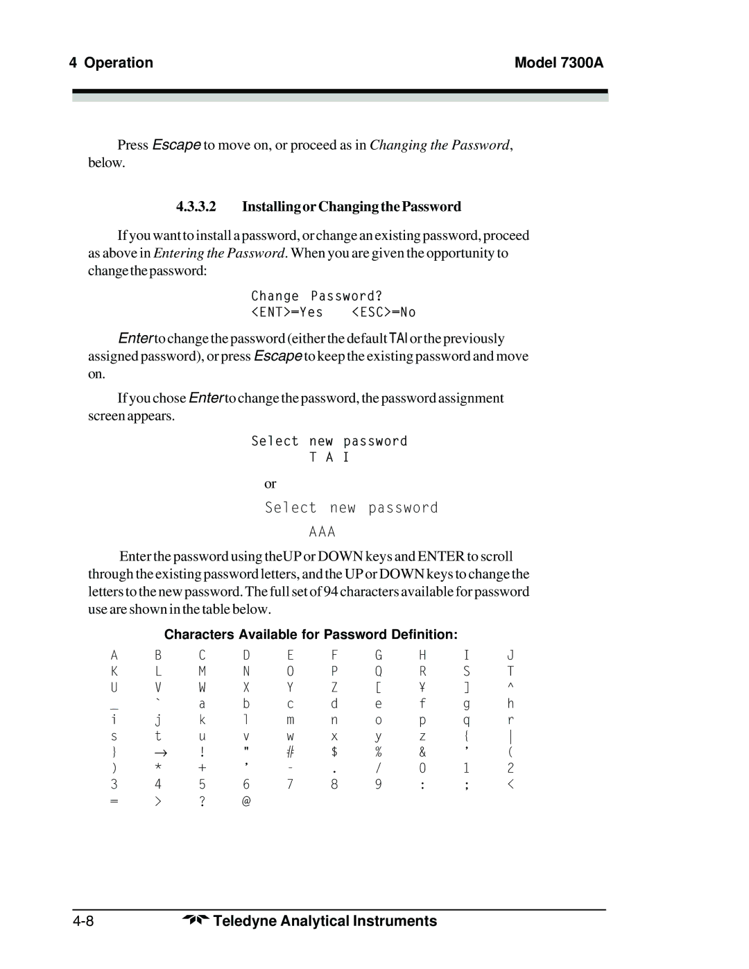 Teledyne 7300A manual Installing or Changing the Password, Aaa 