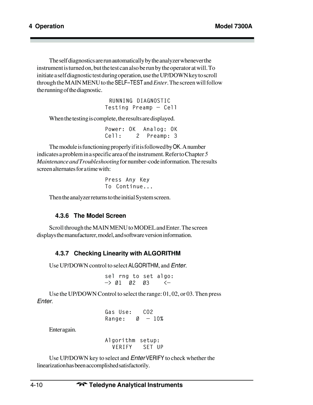 Teledyne 7300A manual Model Screen, Checking Linearity with Algorithm 