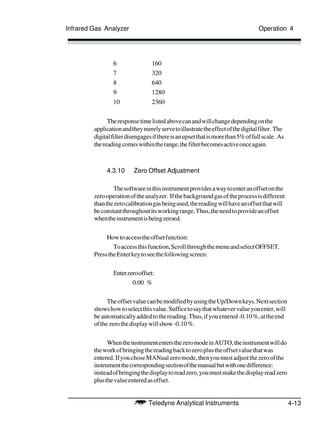 Teledyne 7300A manual Zero Offset Adjustment 