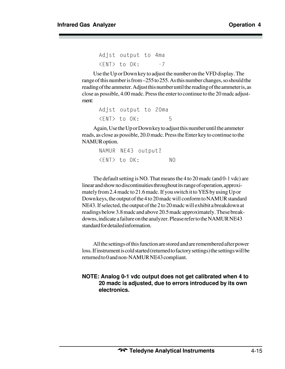 Teledyne 7300A manual Adjst output to 4ma ENT to OK 