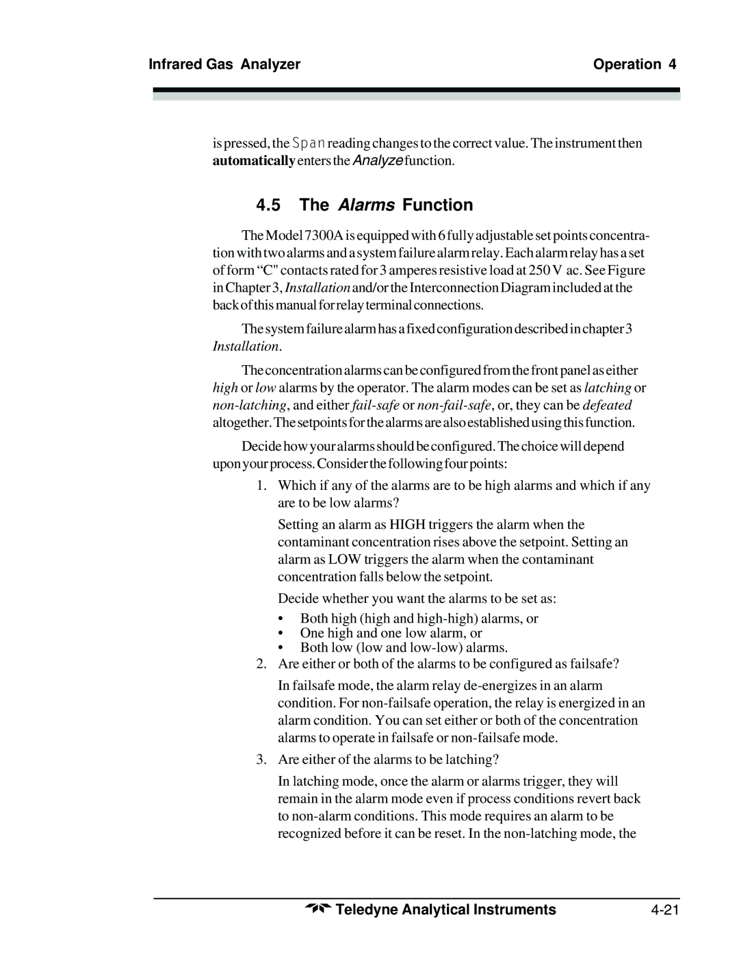 Teledyne 7300A manual Alarms Function, Installation 