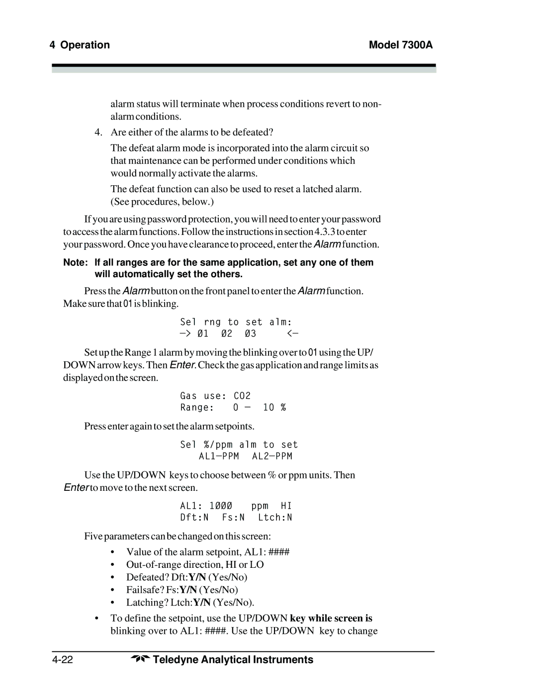 Teledyne 7300A manual Press enter again to set the alarm setpoints 