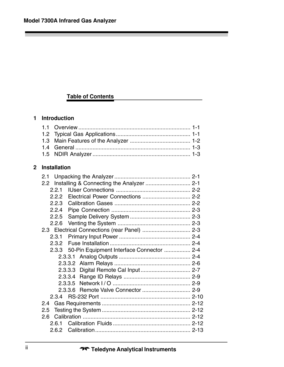 Teledyne manual Model 7300A Infrared Gas Analyzer, Table of Contents Introduction, Installation 