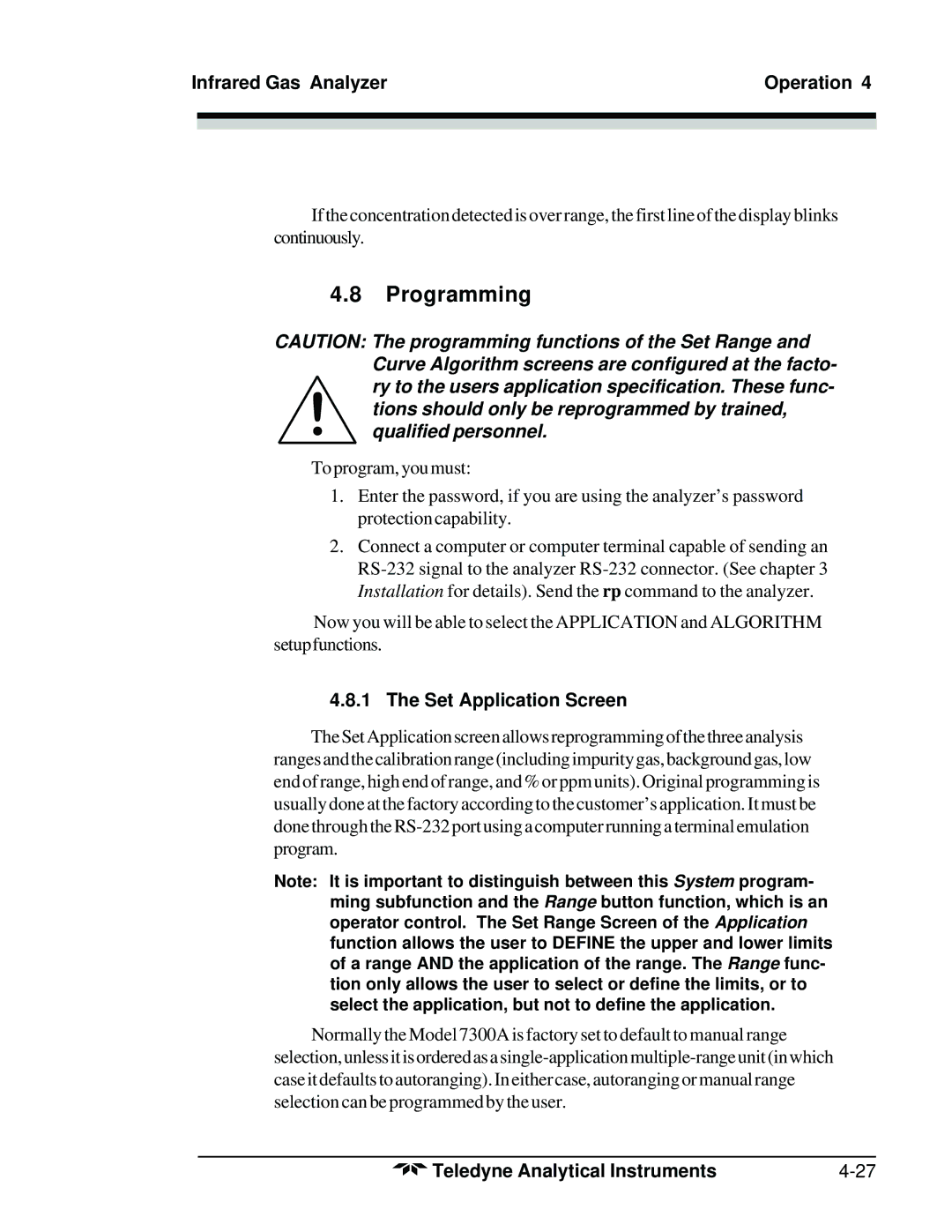 Teledyne 7300A manual Programming, Set Application Screen 