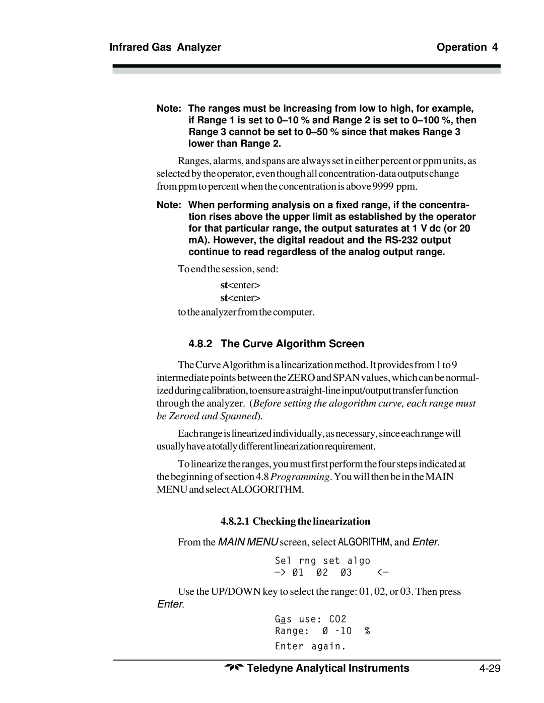 Teledyne 7300A manual Curve Algorithm Screen, Checking the linearization 