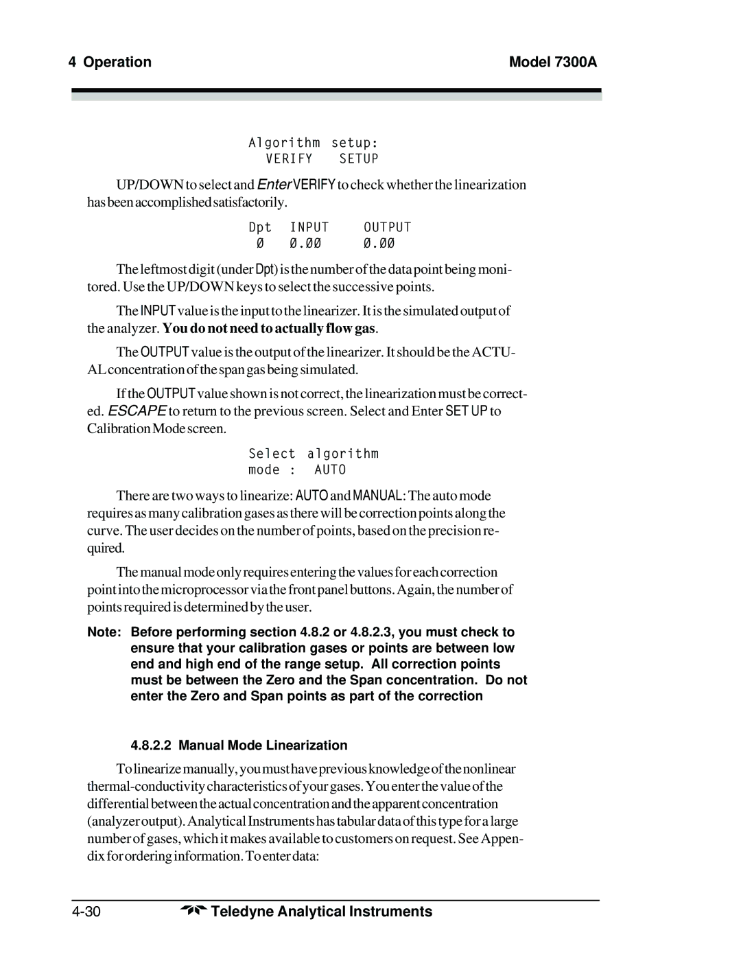 Teledyne 7300A manual Manual Mode Linearization 