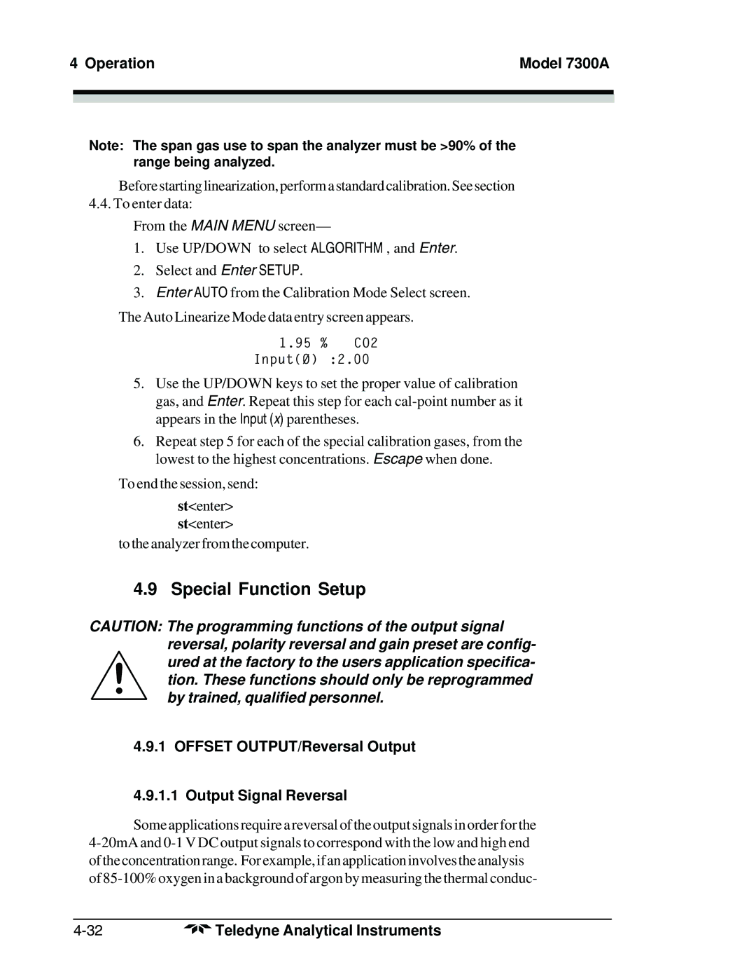 Teledyne 7300A manual Special Function Setup, Offset OUTPUT/Reversal Output Output Signal Reversal 