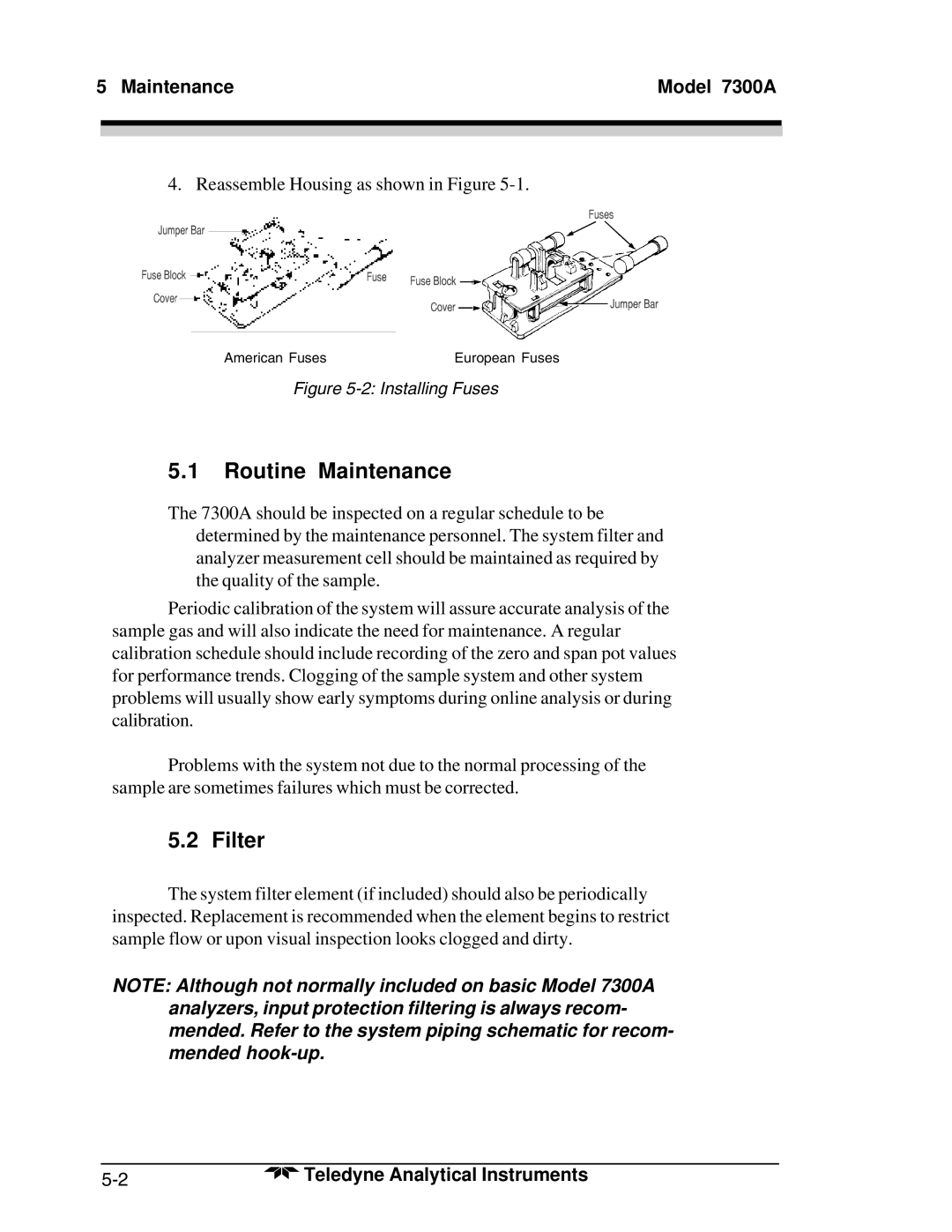 Teledyne manual Routine Maintenance, Filter, Maintenance Model 7300A 