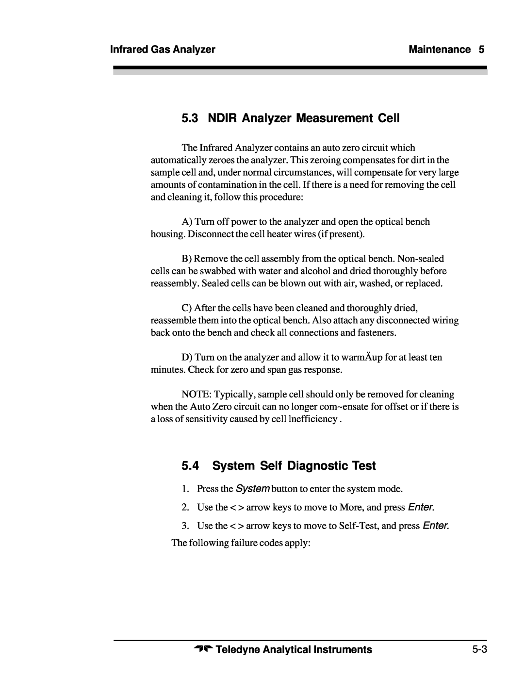 Teledyne 7300A manual NDIR Analyzer Measurement Cell, 5.4System Self Diagnostic Test, Infrared Gas Analyzer, Maintenance 