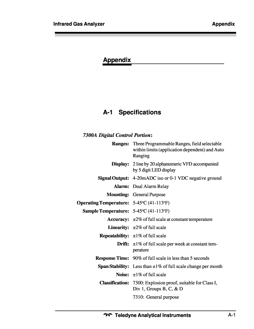 Teledyne manual Appendix A-1Specifications, 7300A Digital Control Portion, Infrared Gas Analyzer 