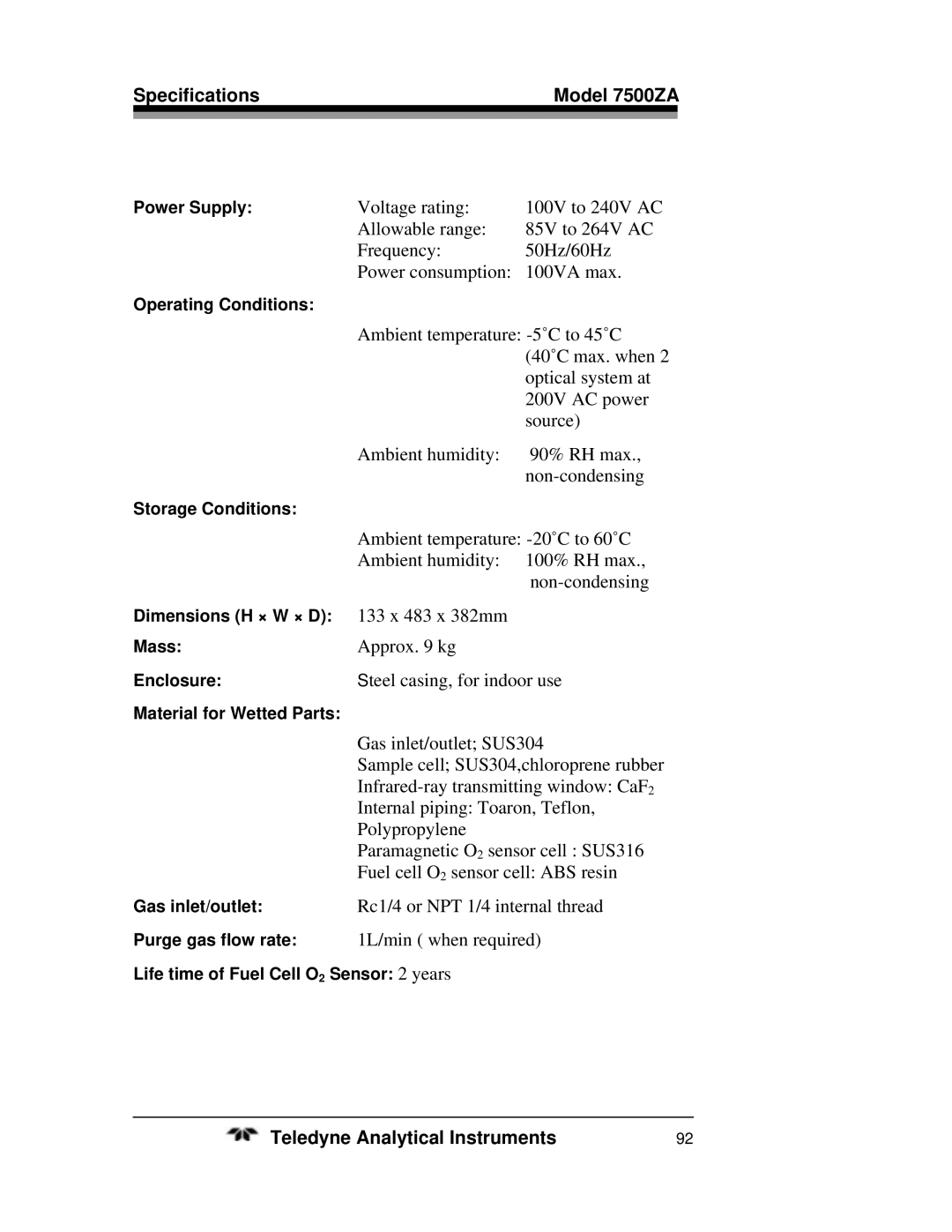 Teledyne 7500ZA operating instructions Ambient temperature -5˚C to 45˚C 